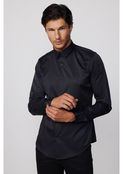 Slim Fit Likralı Düz Stretch Siyah Erkek Gömlek modelleri