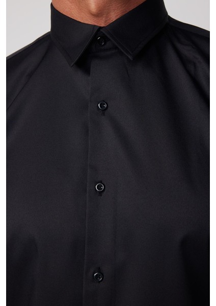 Slim Fit Likralı Düz Stretch Siyah Erkek Gömlek fırsatları