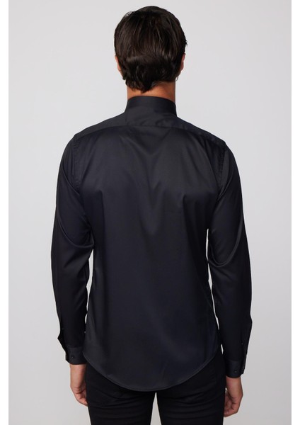Slim Fit Likralı Düz Stretch Siyah Erkek Gömlek indirimleri