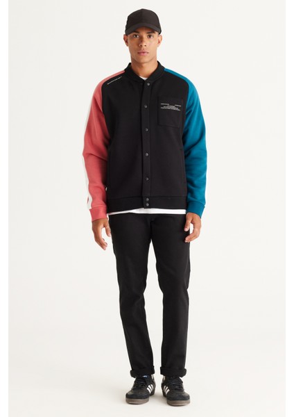 Erkek Siyah-ekru Loose Fit Kolej Yaka Pamuklu Içi Polarlı 3 Iplik Desenli Sweatshirt Ceket