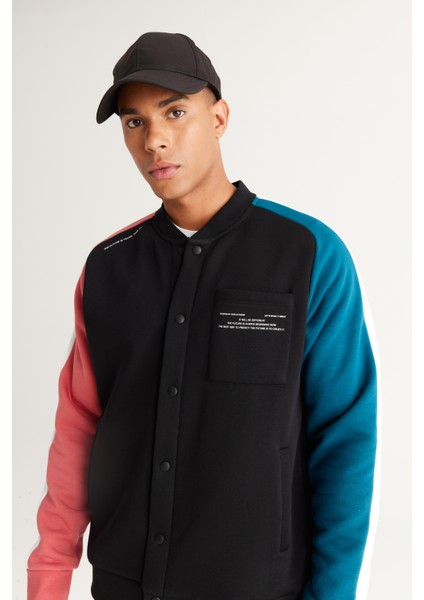 Erkek Siyah-ekru Loose Fit Kolej Yaka Pamuklu Içi Polarlı 3 Iplik Desenli Sweatshirt Ceket