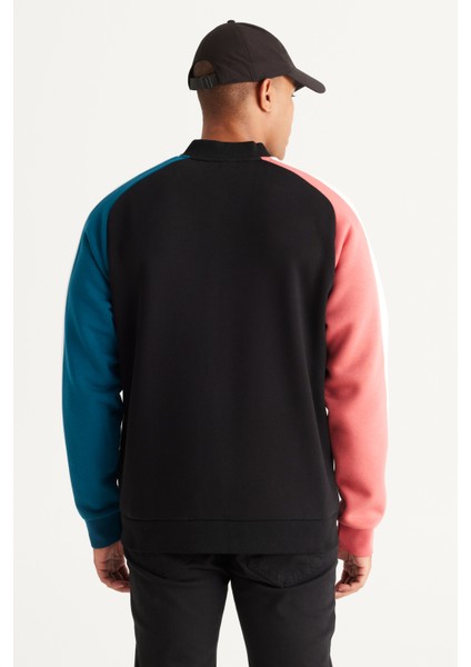Erkek Siyah-ekru Loose Fit Kolej Yaka Pamuklu Içi Polarlı 3 Iplik Desenli Sweatshirt Ceket