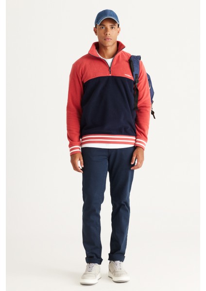 Erkek Lacivert-mercan Standart Fit Normal Kesim Dik Bato Yaka Desenli Polar Sweatshirt
