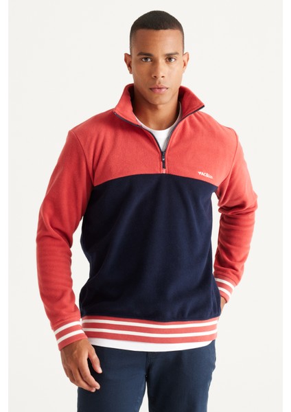 Erkek Lacivert-mercan Standart Fit Normal Kesim Dik Bato Yaka Desenli Polar Sweatshirt