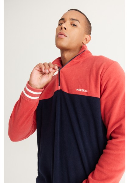 Erkek Lacivert-mercan Standart Fit Normal Kesim Dik Bato Yaka Desenli Polar Sweatshirt