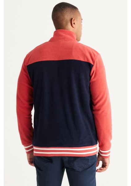 Erkek Lacivert-mercan Standart Fit Normal Kesim Dik Bato Yaka Desenli Polar Sweatshirt