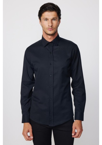 Modern Slim Fit Pamuklu Kolay Ütü Armürlü Siyah Erkek Gömlek fiyatları