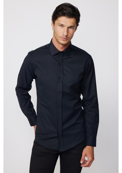 Modern Slim Fit Pamuklu Kolay Ütü Armürlü Siyah Erkek Gömlek modelleri