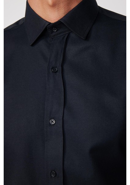 Modern Slim Fit Pamuklu Kolay Ütü Armürlü Siyah Erkek Gömlek fırsatları