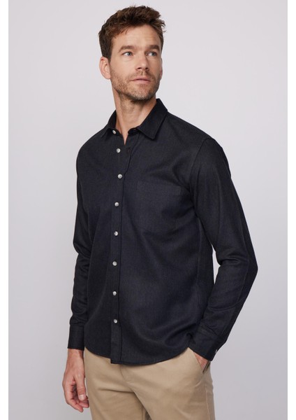 Erkek Klasik Fit Normal Kesim Uzun Kollu Pamuklu Tek Cepli Armürlü Kışlık Oduncu Siyah Gömlek