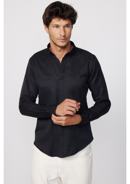 Slim Fit Pamuklu Kolay Ütü Düz Siyah Erkek Gömlek
