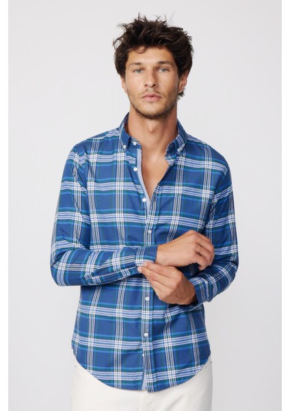 Slim Fit Kareli Pamuklu Kolay Ütü Erkek Gömlek