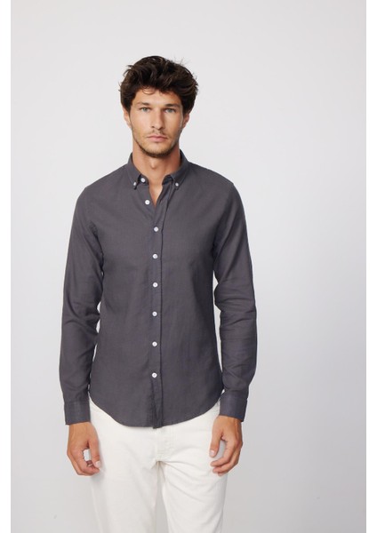 Slim Fit Uzun Kol Biyeli Yaka Düğmeli Keten Gri Erkek Gömlek fiyatları