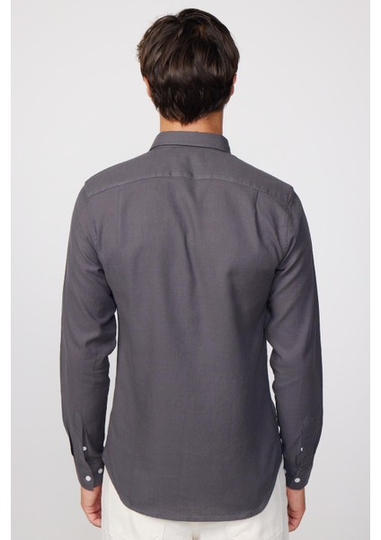 Slim Fit Uzun Kol Biyeli Yaka Düğmeli Keten Gri Erkek Gömlek indirimleri