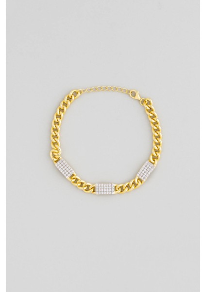 Beyaz Taş Detaylı 18 Ayar Altın Kaplama 20 cm Gümüş Zincir Bileklik