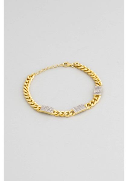 Beyaz Taş Detaylı 18 Ayar Altın Kaplama 20 cm Gümüş Zincir Bileklik fiyatları