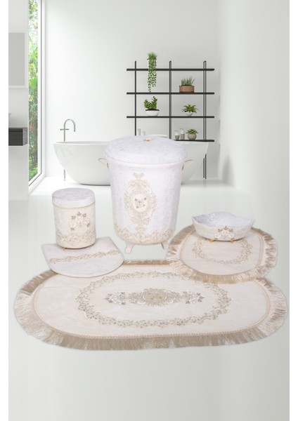 Exclusive Krem 6 Parça Çeyizlik Dantelli 3'lü Banyo Paspası & 3'lü Kirli Çamaşır Sepeti Seti