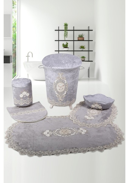Lisa Gri 6 Parça Çeyizlik Dantelli 3'lü Banyo Paspası & 3'lü Kirli Çamaşır Sepeti Seti