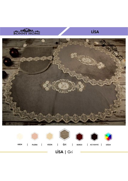Lisa Gri 6 Parça Çeyizlik Dantelli 3'lü Banyo Paspası & 3'lü Kirli Çamaşır Sepeti Seti modelleri