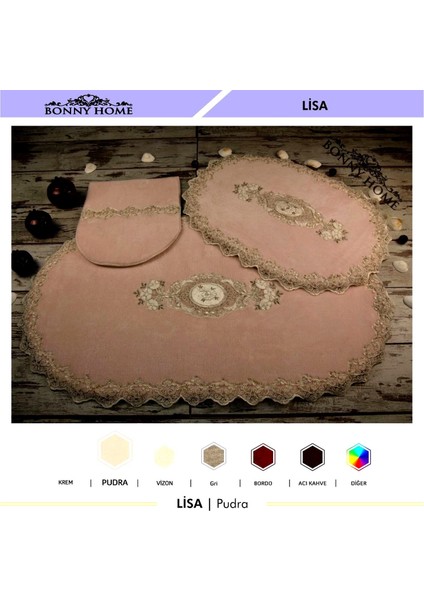 Lisa Pudra 6 Parça Çeyizlik Dantelli 3'lü Banyo Paspası & 3'lü Kirli Çamaşır Sepeti Seti