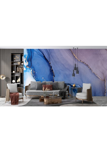 Göz Alıcı Mavi Mermer Desenli Duvar Kağıdı, Altın Görünümlü Duvar Resmi