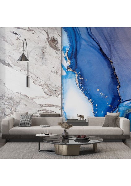 Göz Alıcı Mavi Mermer Desenli Duvar Kağıdı, Altın Görünümlü Duvar Resmi indirimleri