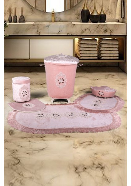 Shems Pudra 6 Parça Çeyizlik Dantelli 3'lü Banyo Paspası & 3'lü Kirli Çamaşır Sepeti Seti