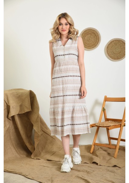 Kadın Camel Desenli Düğme Detay Kolsuz Emprime Elbise