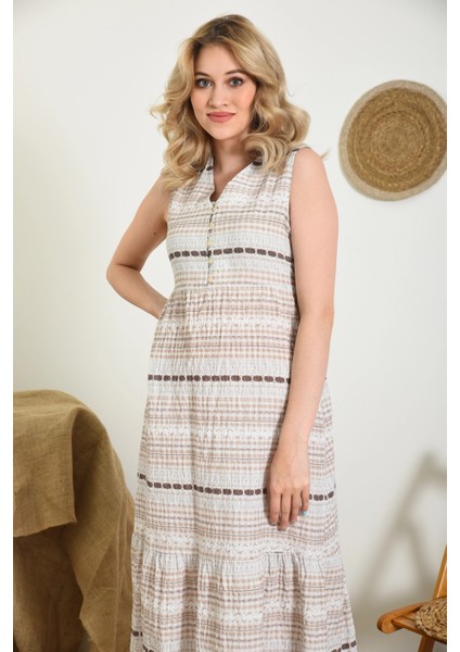 Kadın Camel Desenli Düğme Detay Kolsuz Emprime Elbise modelleri