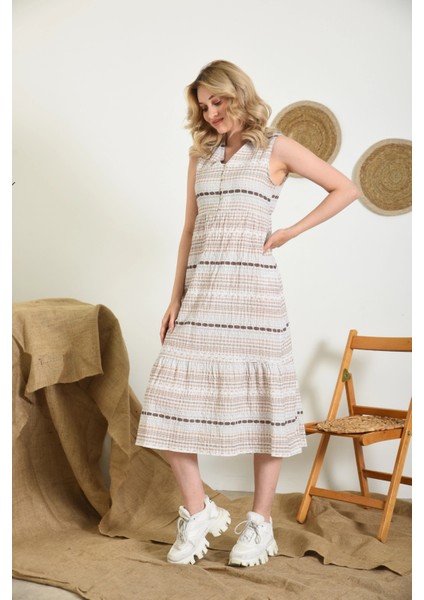 Kadın Camel Desenli Düğme Detay Kolsuz Emprime Elbise indirimleri