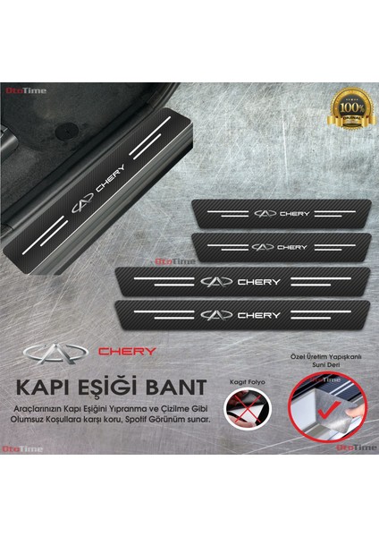 Chery Logolu Karbon Kapı Eşiği Koruyucu Suni Deri 4'lü Set