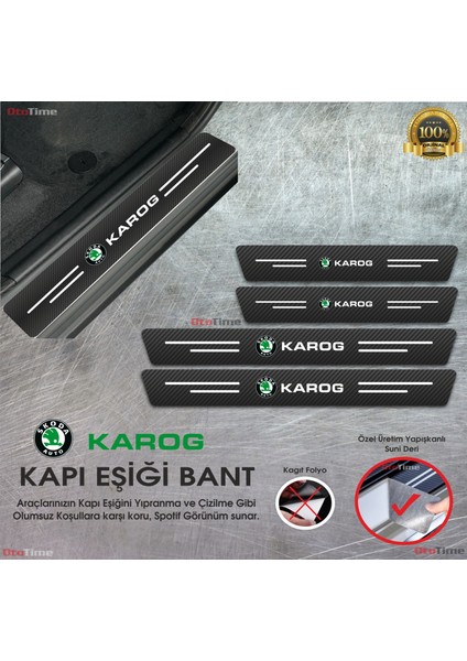 Skoda Karog Logolu Karbon Kapı Eşiği Koruyucu Suni Deri 4'lü Set