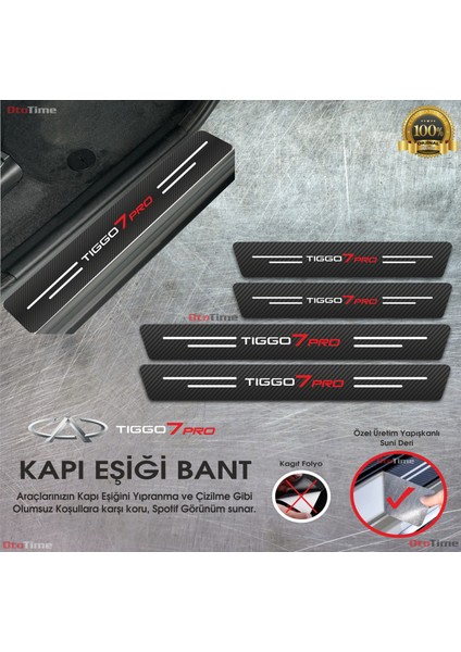 Chery Tiggo 7 Pro Logolu Karbon Kapı Eşiği Koruyucu Suni Deri 4'lü Set