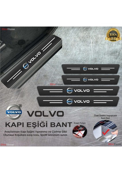 Volvo Logolu Karbon Kapı Eşiği Koruyucu Suni Deri 4'lü Set