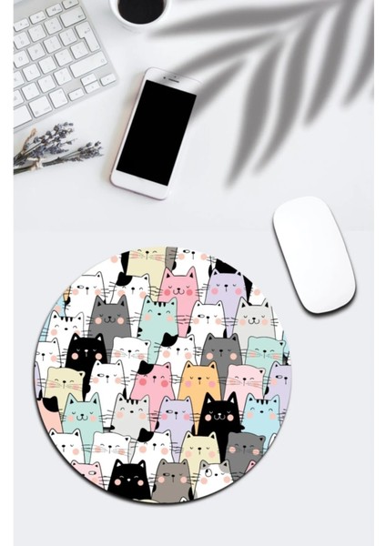 Karışık Renkli Kedili Yuvarlak Mouse Pad