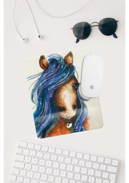 Mavi Yeleli At Çizimli Bilek Destekli Dikdörtgen Mouse Pad