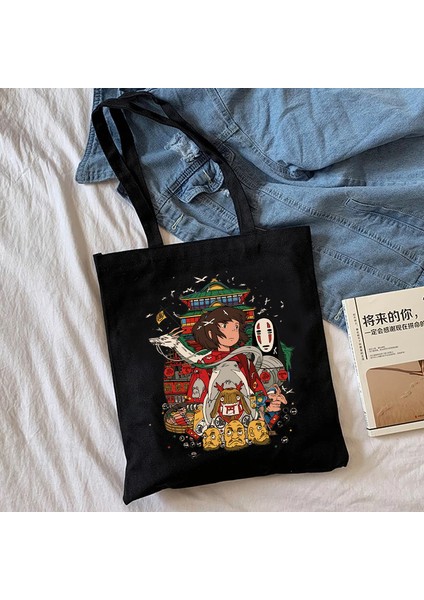 BLACK70 Anime Ruhların Kaçışı Totoro Alışveriş Çantası Grafik Tote Harajuku Alışveriş Çantası Kadın Kanvas Omuz Çantası Kadın Ulzzang Komik Eko 90S (Yurt Dışından) modelleri