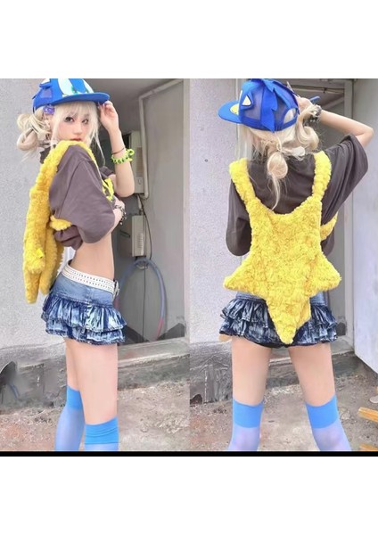 Sarı Peluş Okul Çantası Peri Grunge Çanta Kadın Sırt Çantası Koyu Estetik Tasarımcı Harajuku Kore Moda Rahat Bağbozumu Omuz Çantası (Yurt Dışından) fiyatları