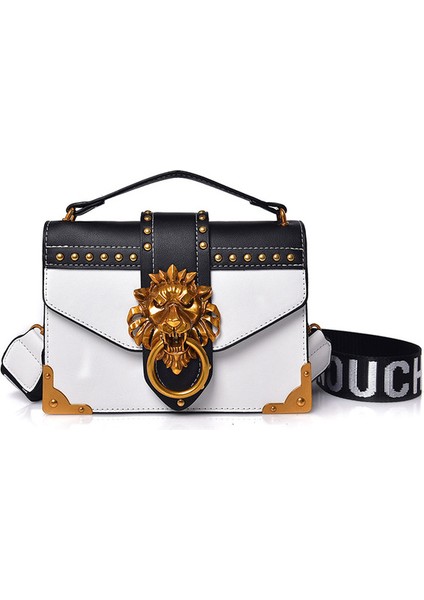 Beyaz Moda Kadınlar Metal Aslan Çanta Crossbody Çanta Metal Aslan Kafası Marka Perçin Omuz Çantası Messenger Çanta (Yurt Dışından)