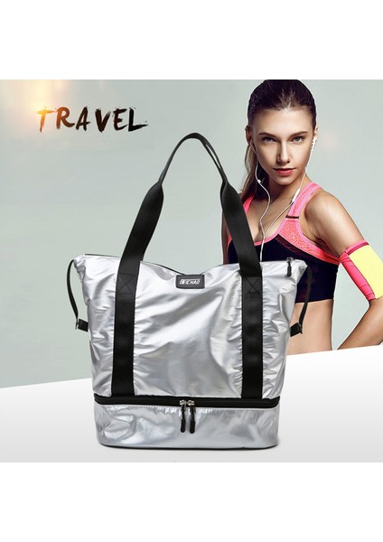 L Siyah Gümüş Moda Su Geçirmez Seyahat Duffle Çanta Kadınlar Için Büyük Kapasiteli Bayan Bagaj Saklama Çantası Işlevli Islak Kuru Spor Ayırma Çantası (Yurt Dışından) modelleri