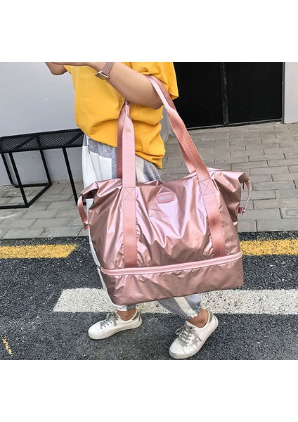 L Siyah Gümüş Moda Su Geçirmez Seyahat Duffle Çanta Kadınlar Için Büyük Kapasiteli Bayan Bagaj Saklama Çantası Işlevli Islak Kuru Spor Ayırma Çantası (Yurt Dışından) indirimleri