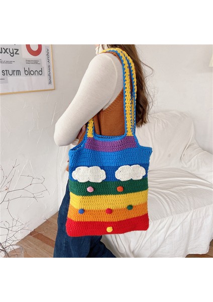 Büyük Boy Youda Yeni Tasarım Örme Gökkuşağı Renkleri Kadın Omuz Çantaları Klasik Büyük Alışveriş Çantası Rahat Bayan Çanta Kız Tote Tote (Yurt Dışından)