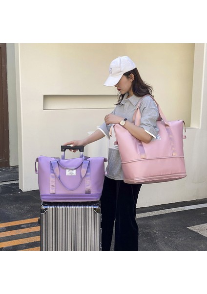 Tatlı Pembe Çift Katmanlı Genişleme Büyük Kapasiteli Seyahat Çantası Çanta Kadın Duffle Çanta Kuru Islak Ayırma Kadın Bagaj Çantası Omuz Çantaları (Yurt Dışından) fırsatları