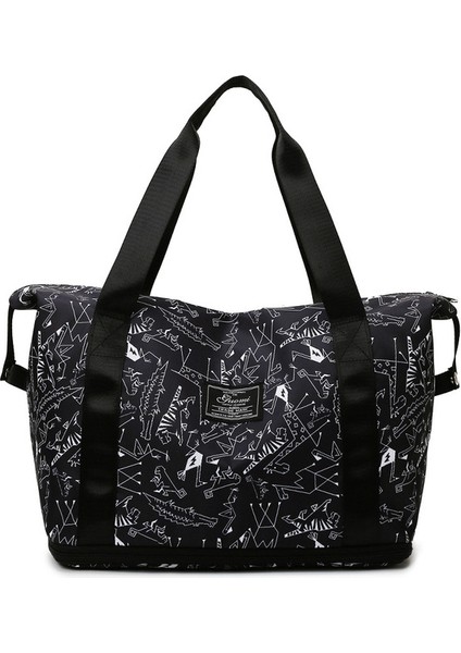 Baskılı Siyah Moda Büyük Kapasiteli Baskı Seyahat Çantası Kadın Su Geçirmez Kadın Bagaj Tote Çanta Duffle Haftasonu Çanta Spor Omuz Çantası (Yurt Dışından)