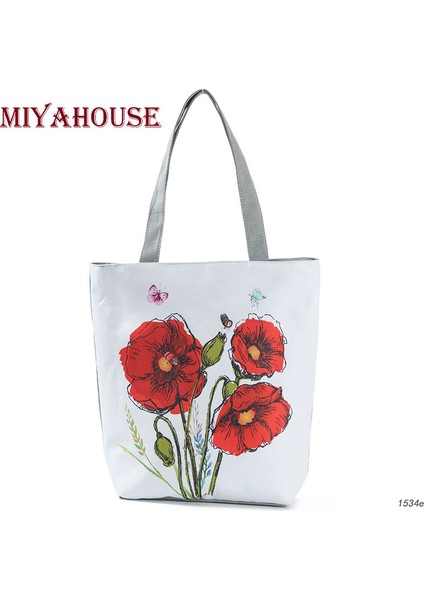 1277C Miyahouse Kırmızı Haşhaş Baskılı Yaz Plaj Çantaları Kadın Rahat Tuval Büyük Kapasiteli Alışveriş Çantaları Kadın Taze Stil Beyaz Tote (Yurt Dışından)