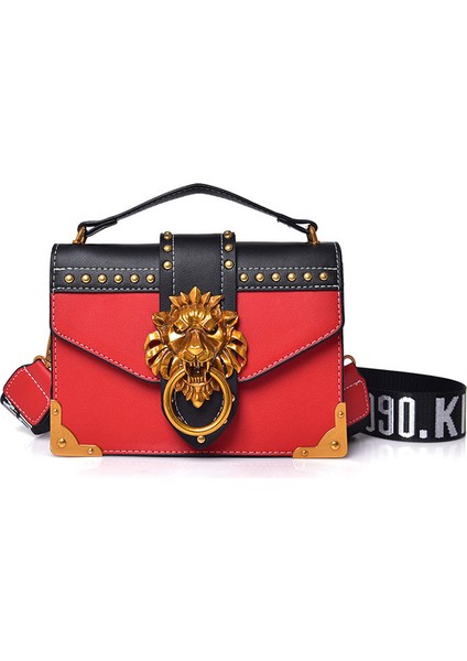 Kırmızı Moda Kadınlar Metal Aslan Çanta Crossbody Çanta Metal Aslan Kafası Marka Perçin Omuz Çantası Messenger Çanta (Yurt Dışından)