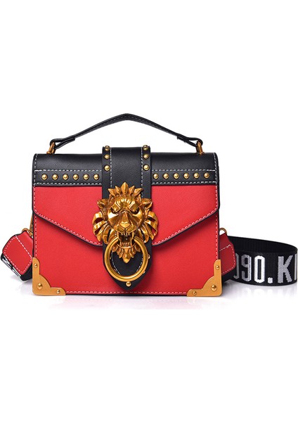 Kırmızı Moda Kadınlar Metal Aslan Çanta Crossbody Çanta Metal Aslan Kafası Marka Perçin Omuz Çantası Messenger Çanta (Yurt Dışından) modelleri