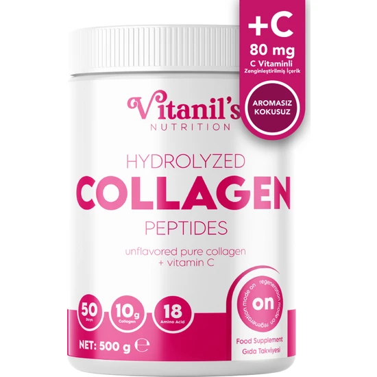 Vitanil's Nutrition Hidrolize Collagen 500 Gram Powder Toz Kolajen  Tip 1, Tip 3,  +  Vitamin C Helal Kolajen