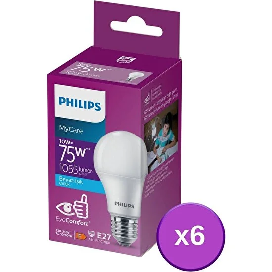 Philips LED 10-75W Ampul 6500K Beyaz Işık 6'lı