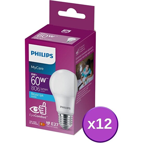 Philips LED 8-60W Ampul 6500K Beyaz Işık 12'li